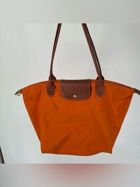 Longchamp Le Pliage nylon leather shoulder tote bag Orange Shade Brown Travel
